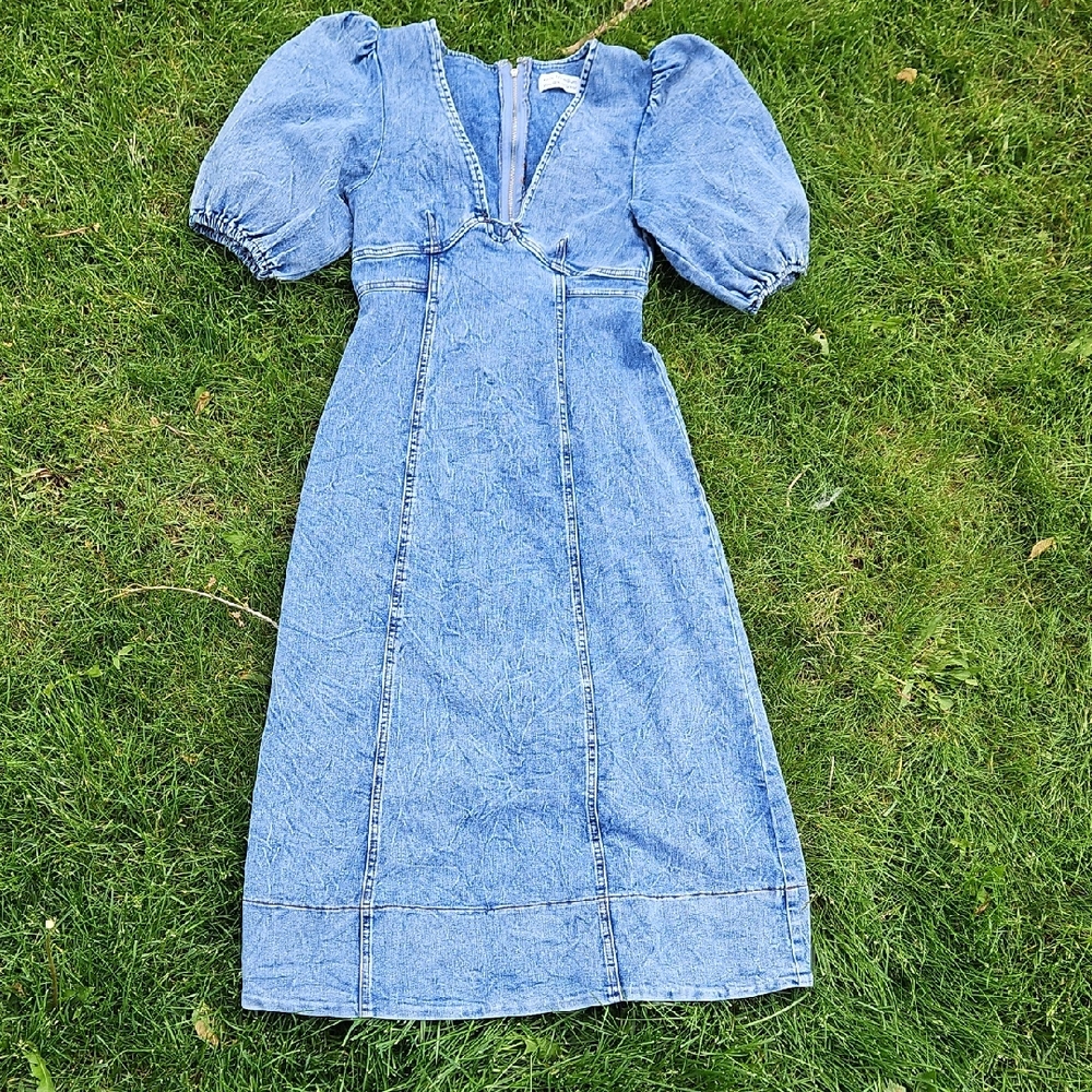Blue Puff Sleeve V-Neck Midi Sundress